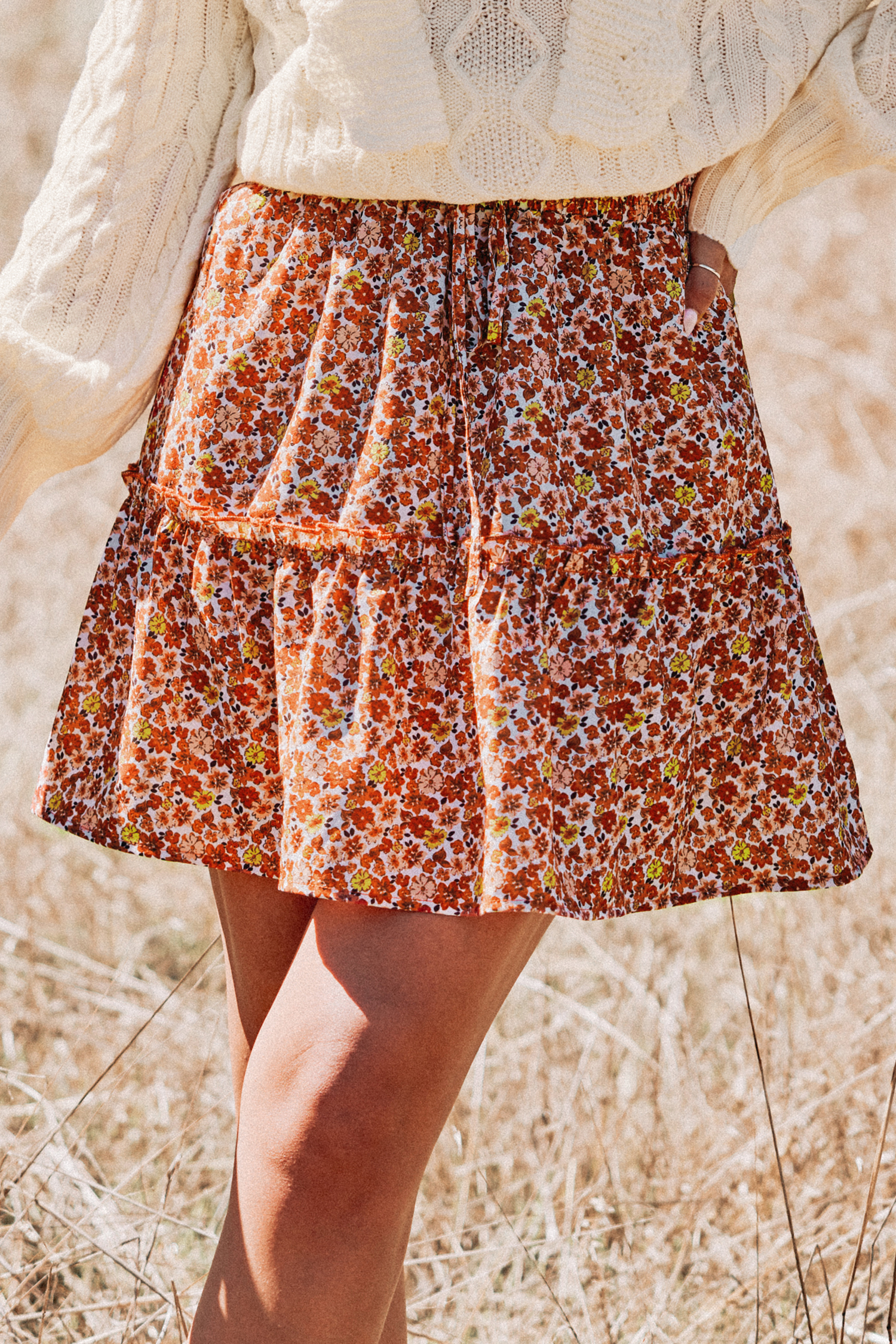 Jupe avec cordon à smocks et imprimé floral