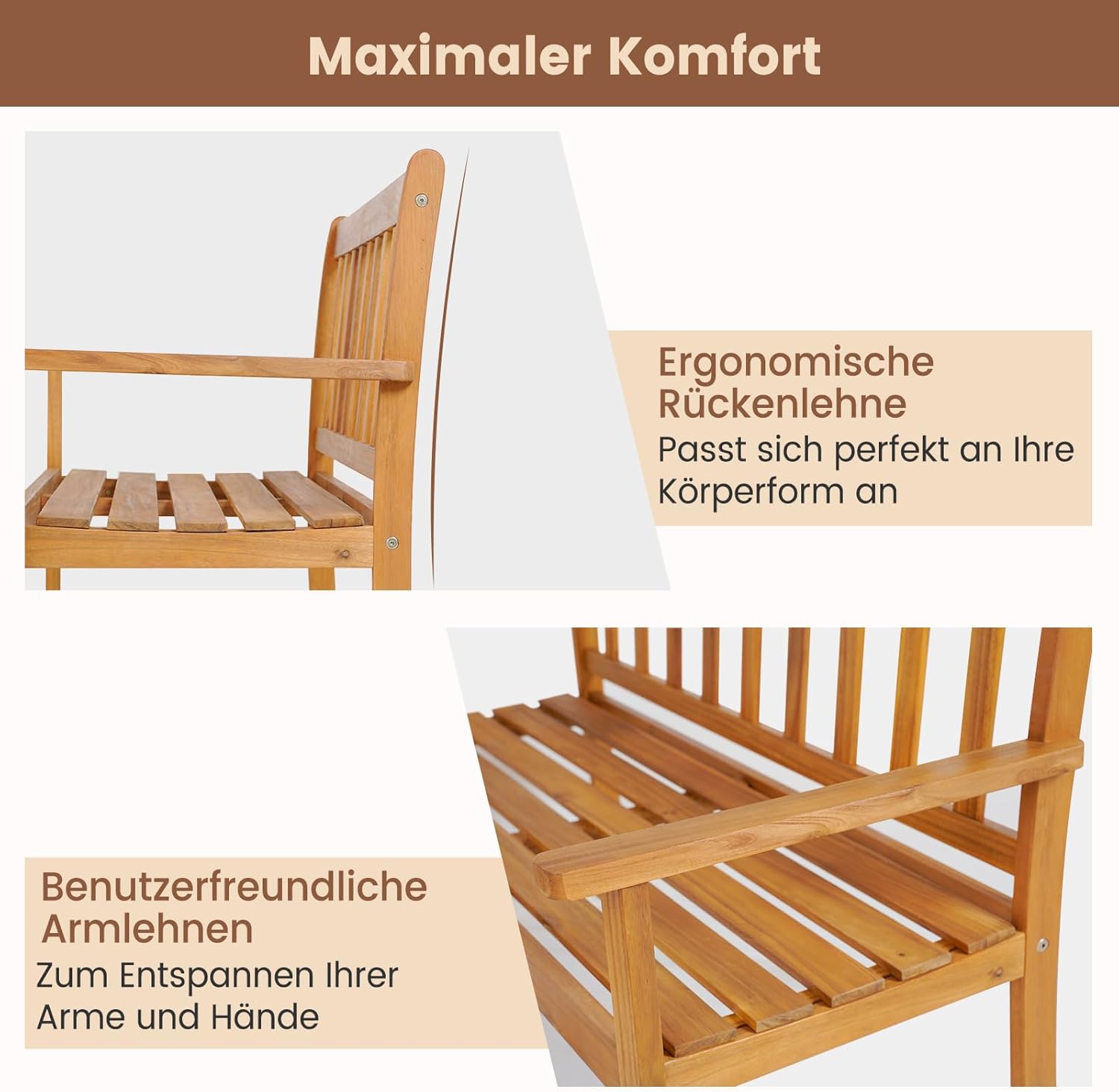 COSTWAY Gartenbank Holz, Holzbank wetterfest, 2-Sitzer Sitzbank aus Akazienholz, Balkonbank bis 360 kg belastbar, Terrassenbank, Parkbank für Terrasse, Balkon, Garten