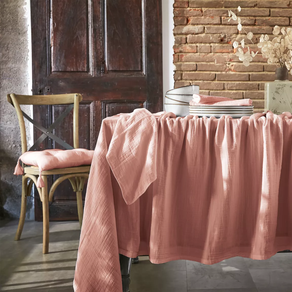 Lot de 3 serviettes gaze de coton (40 x 40 cm) Gaïa Rose pêche