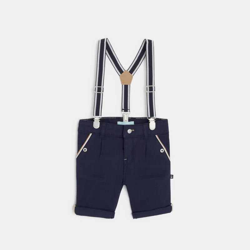 Bermuda à pinces en coton fantaisie et bretelles bleu bébé garçon Bleu