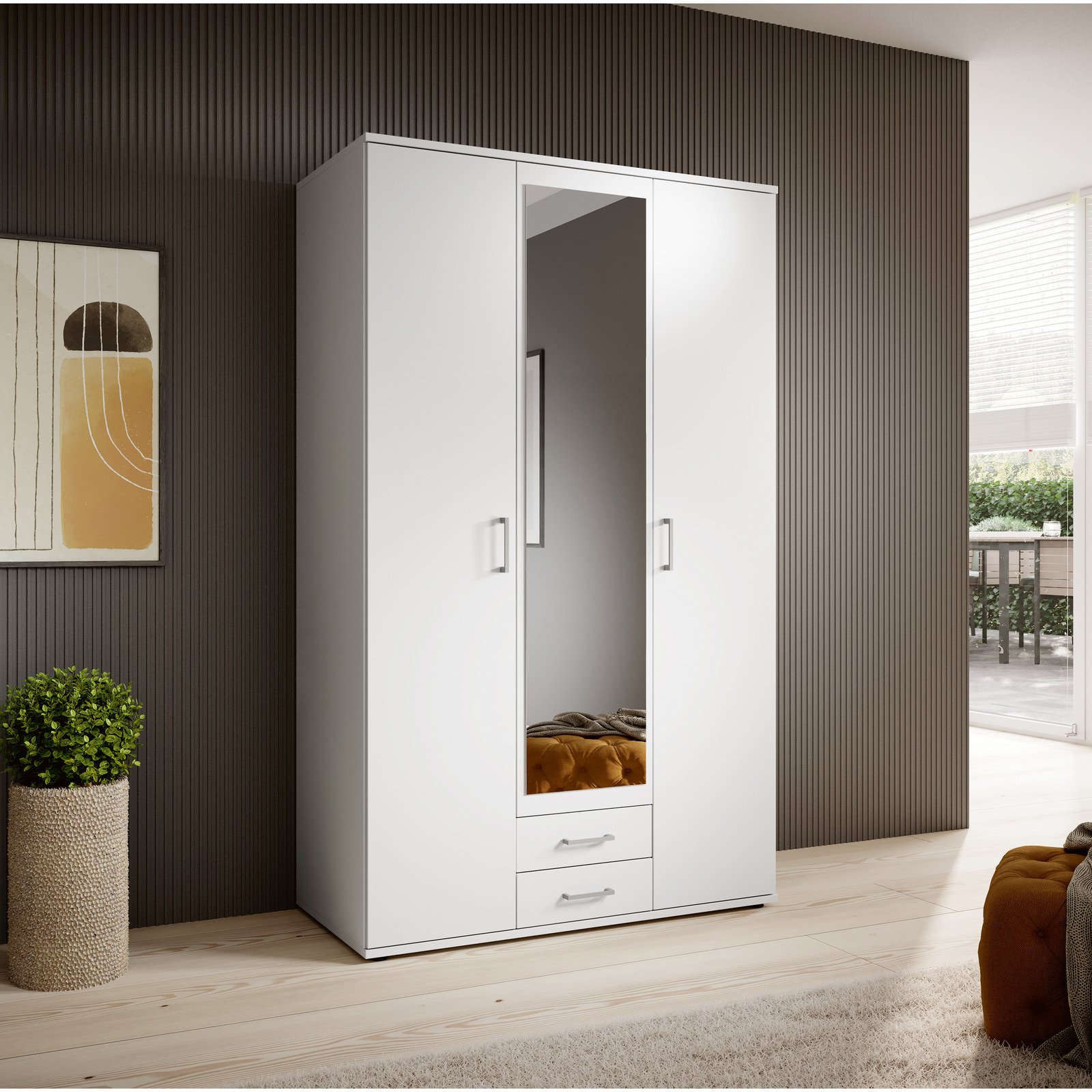 Drehtürenschrank Karl Melamin weiss 120 x 197 x 54 cm, mit Spiegel