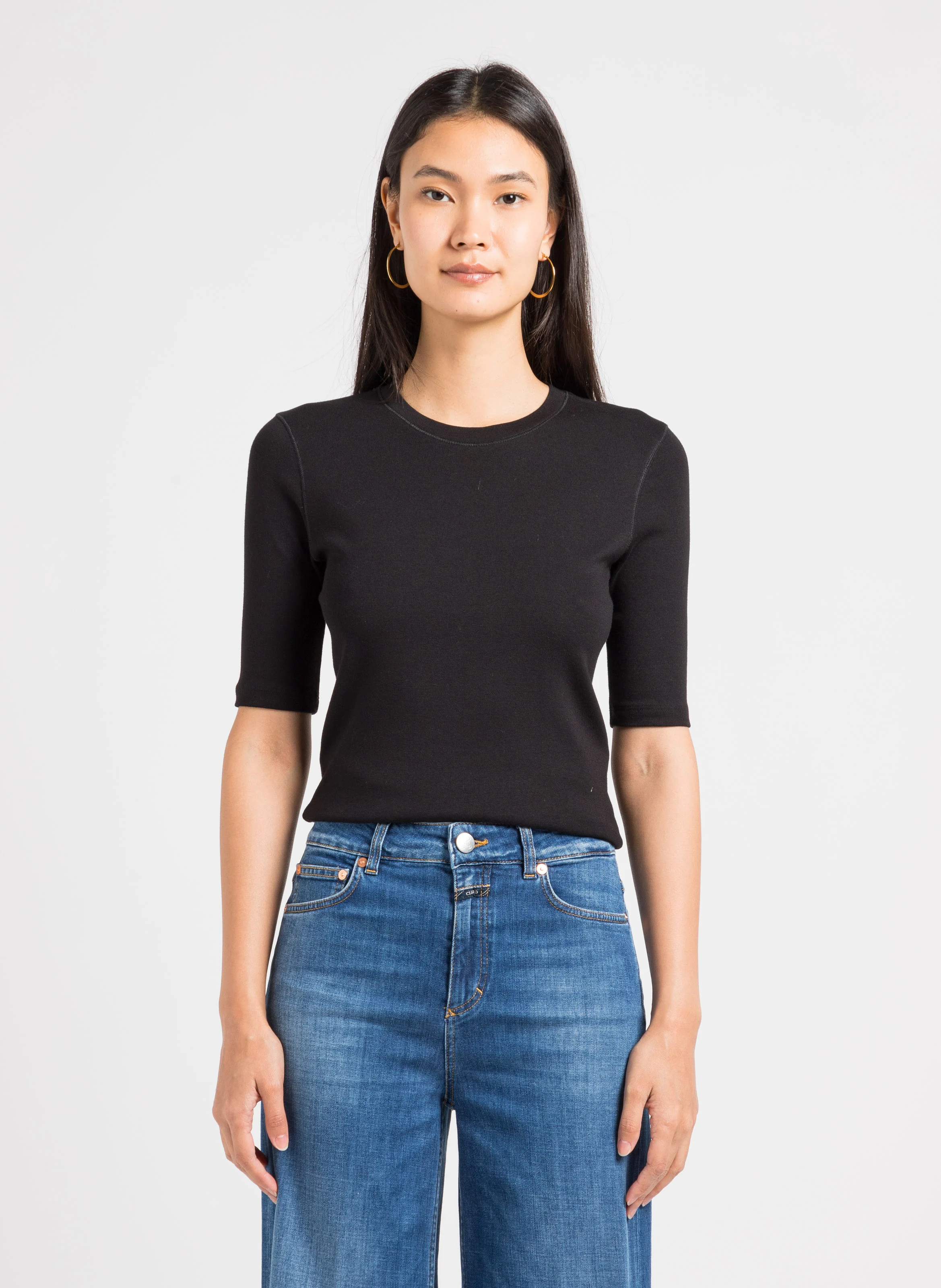 Tee-shirt col rond en coton mélangé | Noir