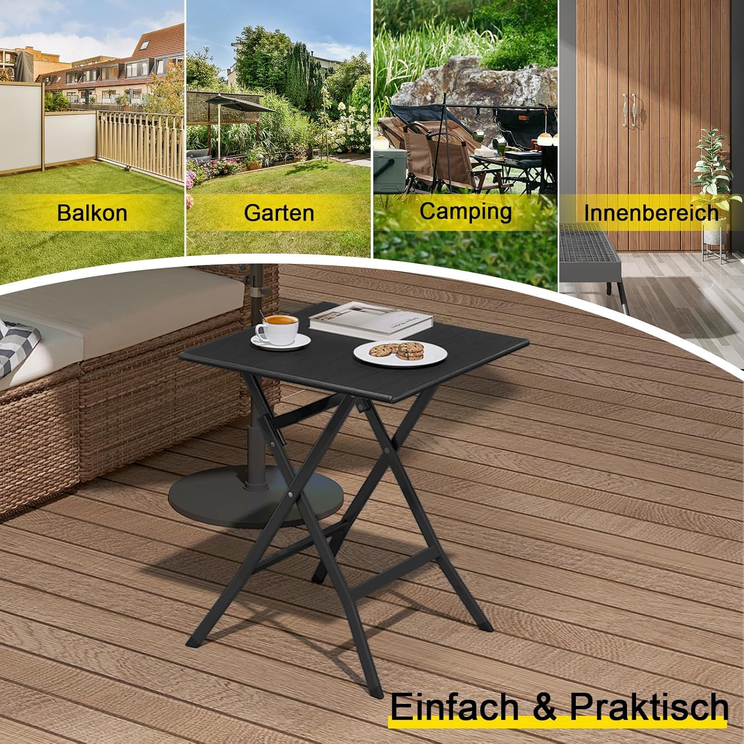 eSituro Klapptisch, Gartentisch Balkontisch wetterfest, Outdoor Beistelltisch klappbar, kleiner Tisch für Balkon Terrasse Garten, 62x62 cm, 50 kg belastbar, Schwarz AH1179621