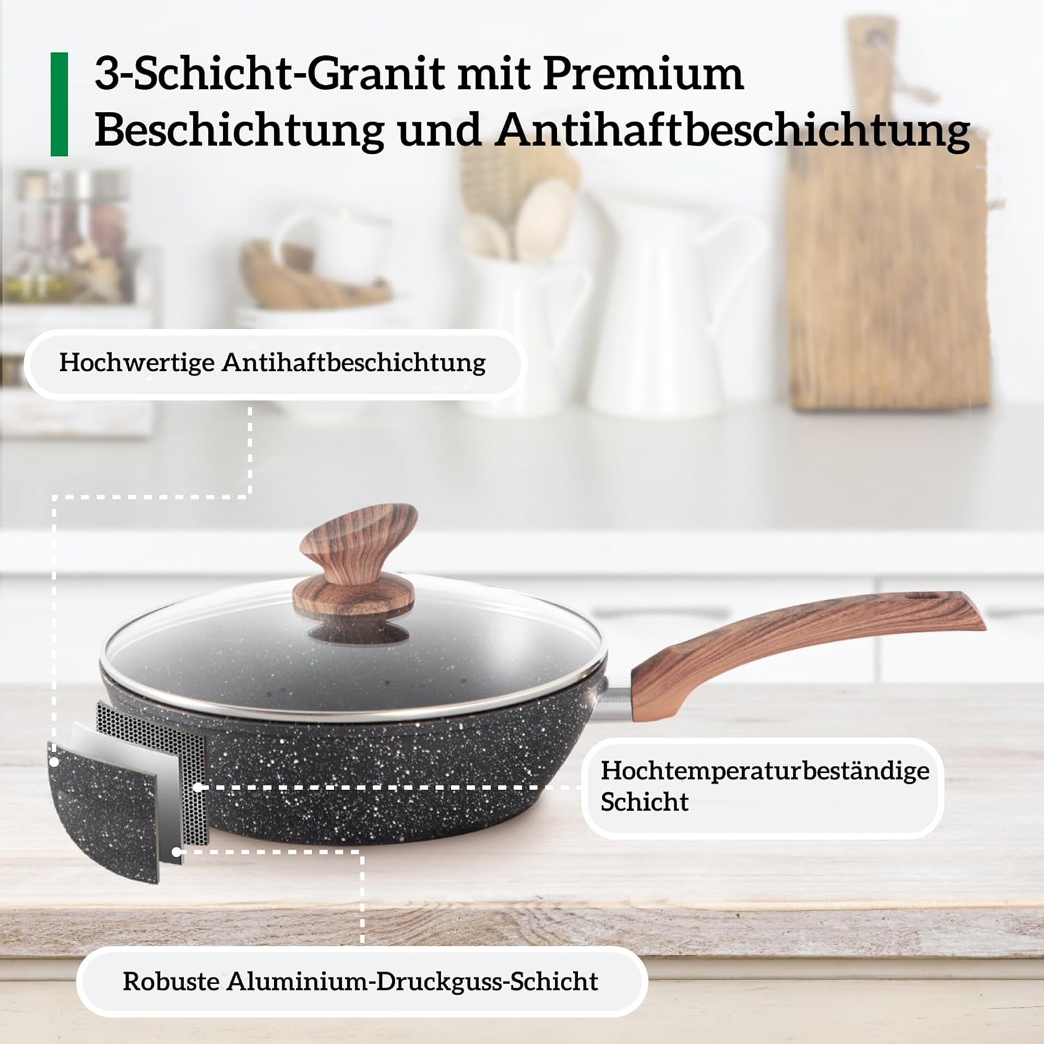 Kitchen Academy Topfset 17-teiliges Induktions-Kochgeschirr-Set mit Glasdeckeln und Granitbeschichtung inkl. Pfannen und Töpfe (Schwarz 17 tlg)