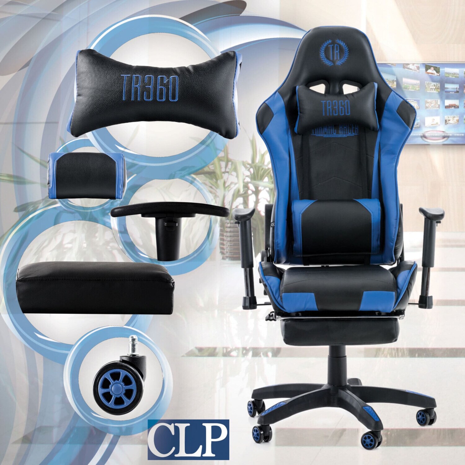 TPFLiving Racing Bürostuhl Turbine mit Fußablage Schwarz/Blau