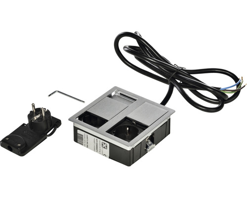 VersaHIT Inbouw-tafelstopcontact, 2-voudig, roestvrij staal/geborsteld, L x B x H 117 x 117 x 42,5 mm, inclusief 2 m aansluitkabel en monteerbare stekker