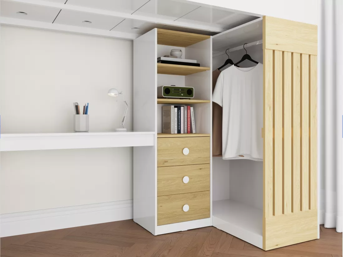 Lit mezzanine 90 x 190 cm avec bureau et penderie - Coloris : Blanc et naturel - LORINTI