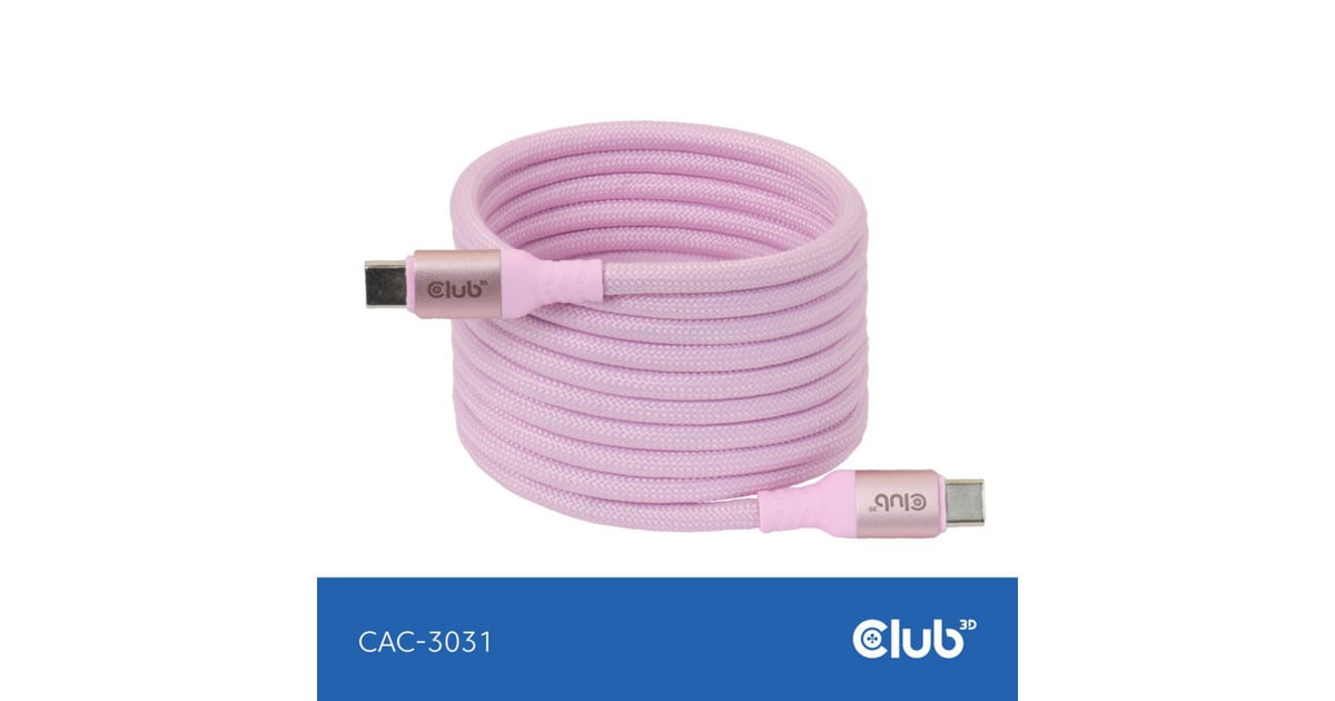 Club 3DUSB-C Magnetic-Coil 240W PD3.1 Pink Cable, 2 meter kabel  (Roze)