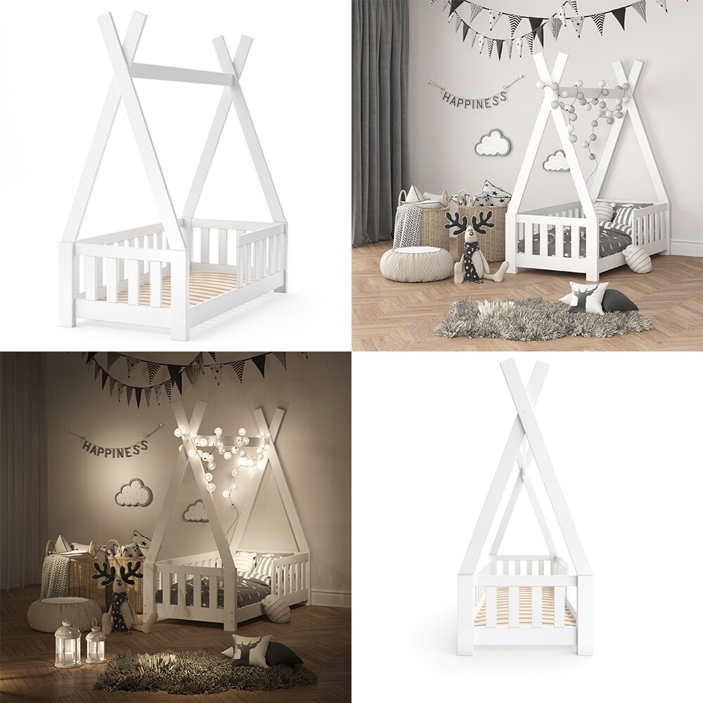 VITALISPA Kinderbett TIPI Indianer Bett Kinderhaus Holz Hausbett 70x140cm Weiß