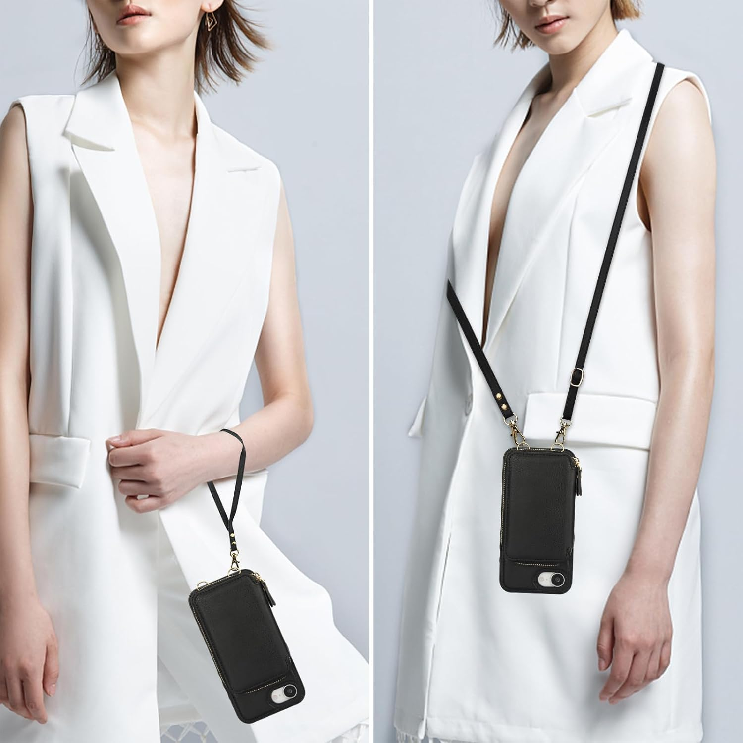 iPhone 16e Necklace Leder Schutz Hülle mit Kartenfächer   Handykette (140cm) - Schwarz