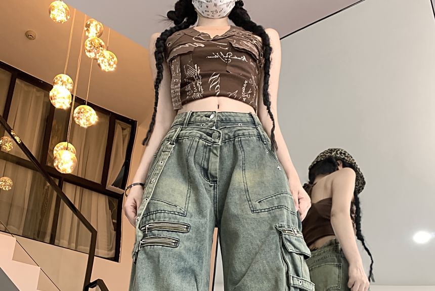 Porstina - Cargojeans met hoge taille en wijde pijpen