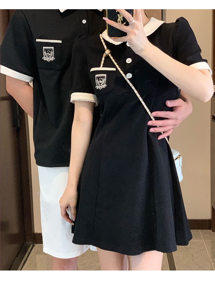 Azure - Matching paar korte mouwen kraag logo contrasterende rand mini A-lijn jurk / poloshirt / middelhoge taille effen shorts