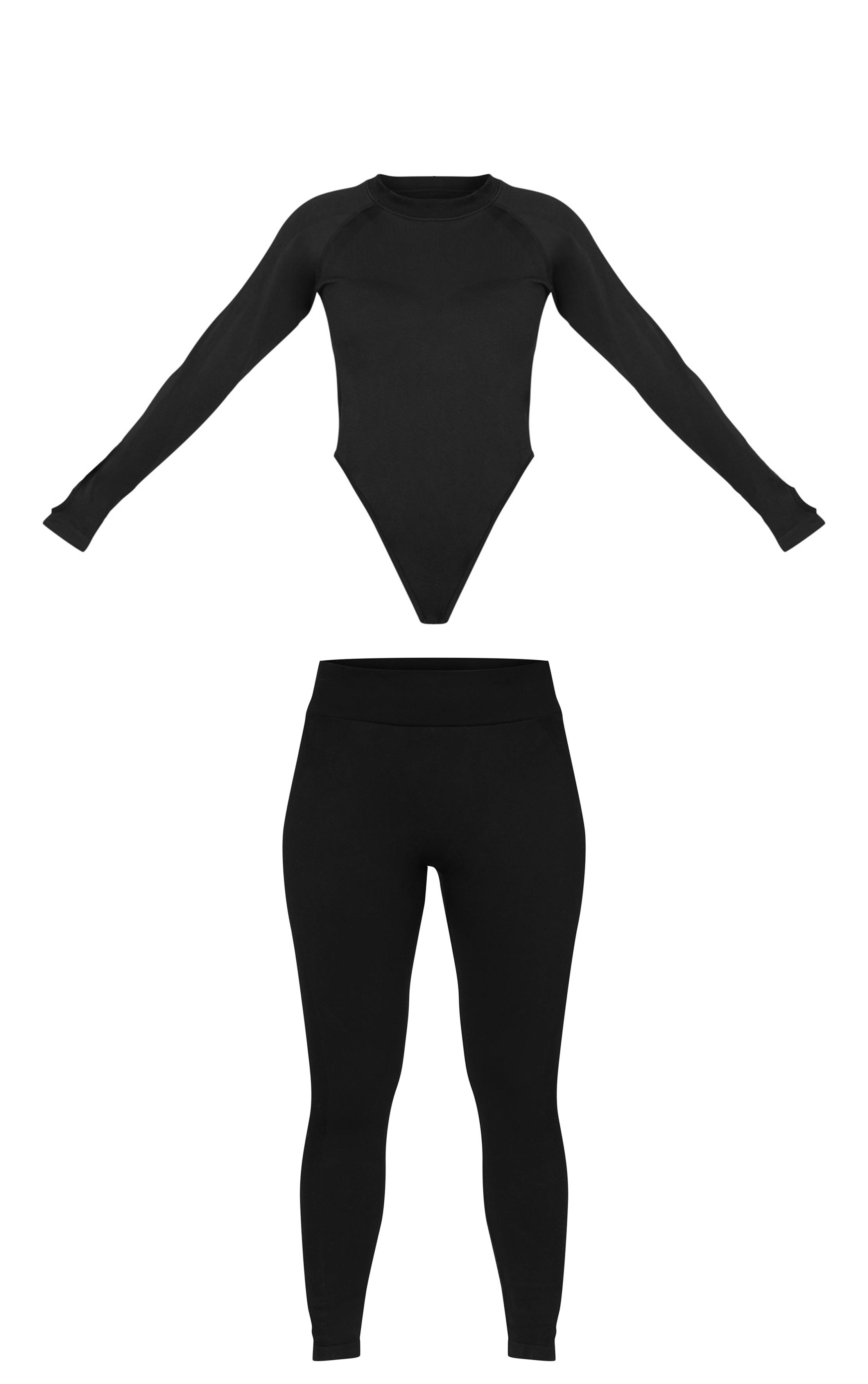 Noir Prettylittlething Ensemble Ski Sans Couture Avec Body Et Legging Côtelés Contrastés