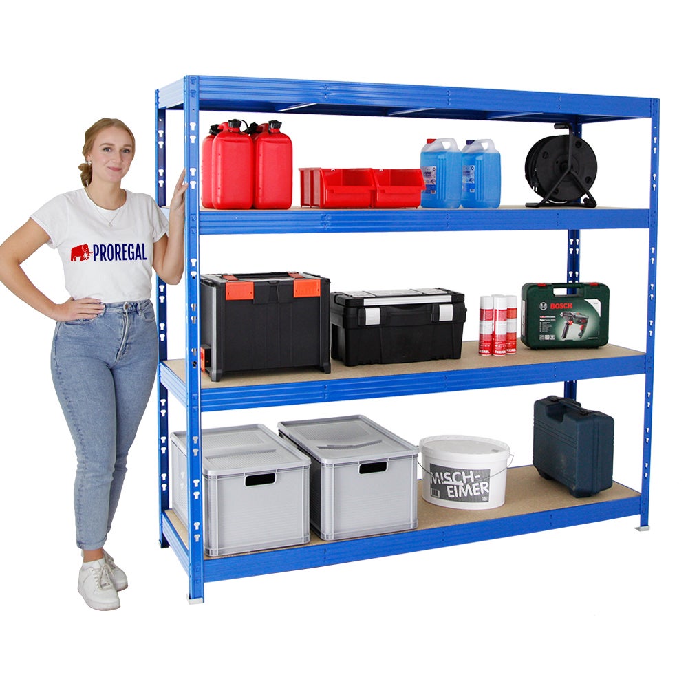 PROREGAL Professionele Heavy-Duty Stellingkast Rhino HxBxD 180 x 200 x 60 cm 4 Spaanplaat Planken 8mm Plank Draagvermogen 500 kg Blauw