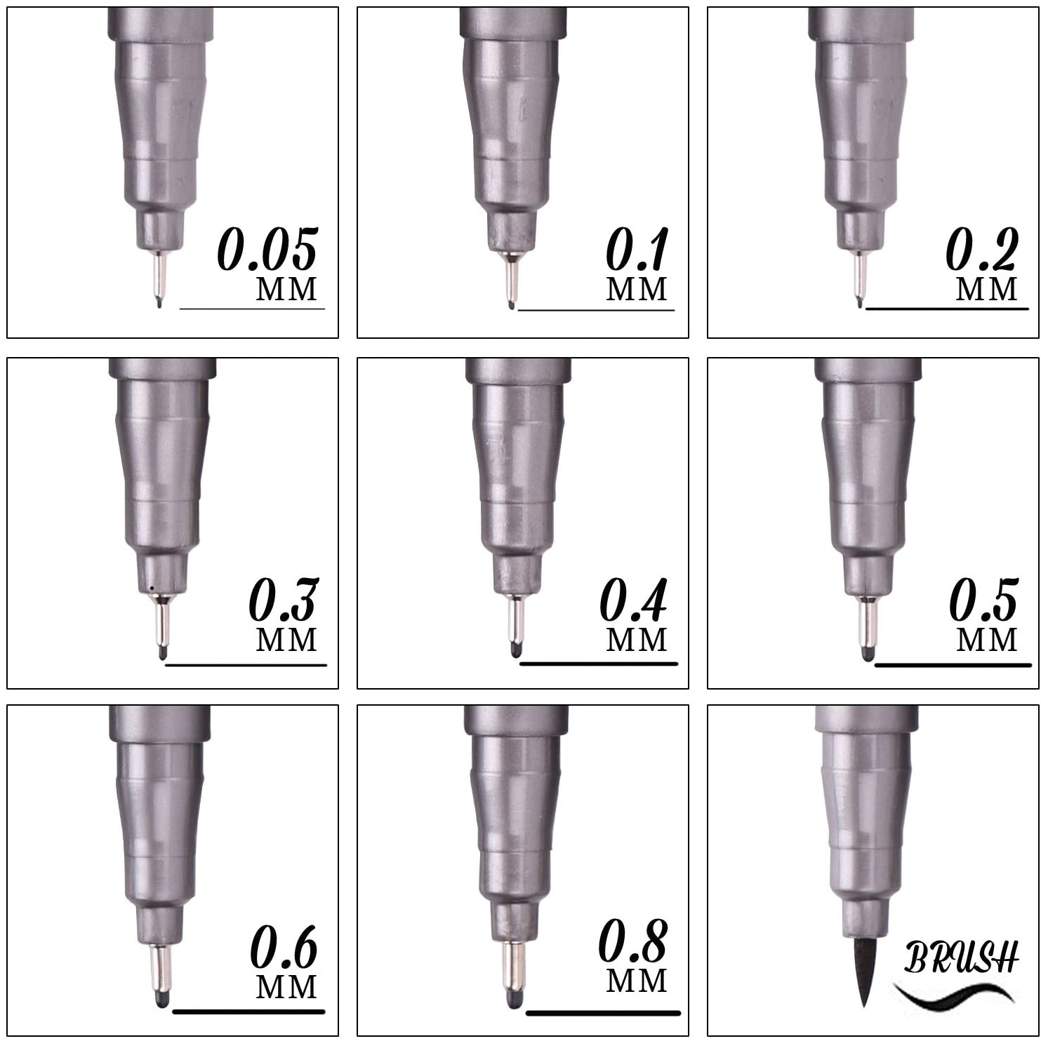 (9er Set) Wasserfeste Filzstifte Pigment Marker Skizzier Stifte Fineliner   Brush Pen - Schwarz