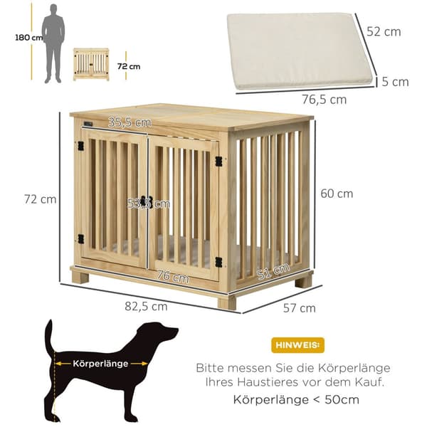 Hundebur, Dyrebur I Tre, Dyrebur For Mellomstore Hunder, Hundehus Med Pute, Hundeboks, Naturlig Tre + Kremhvit, 82,5 X 57 X 72 Cm