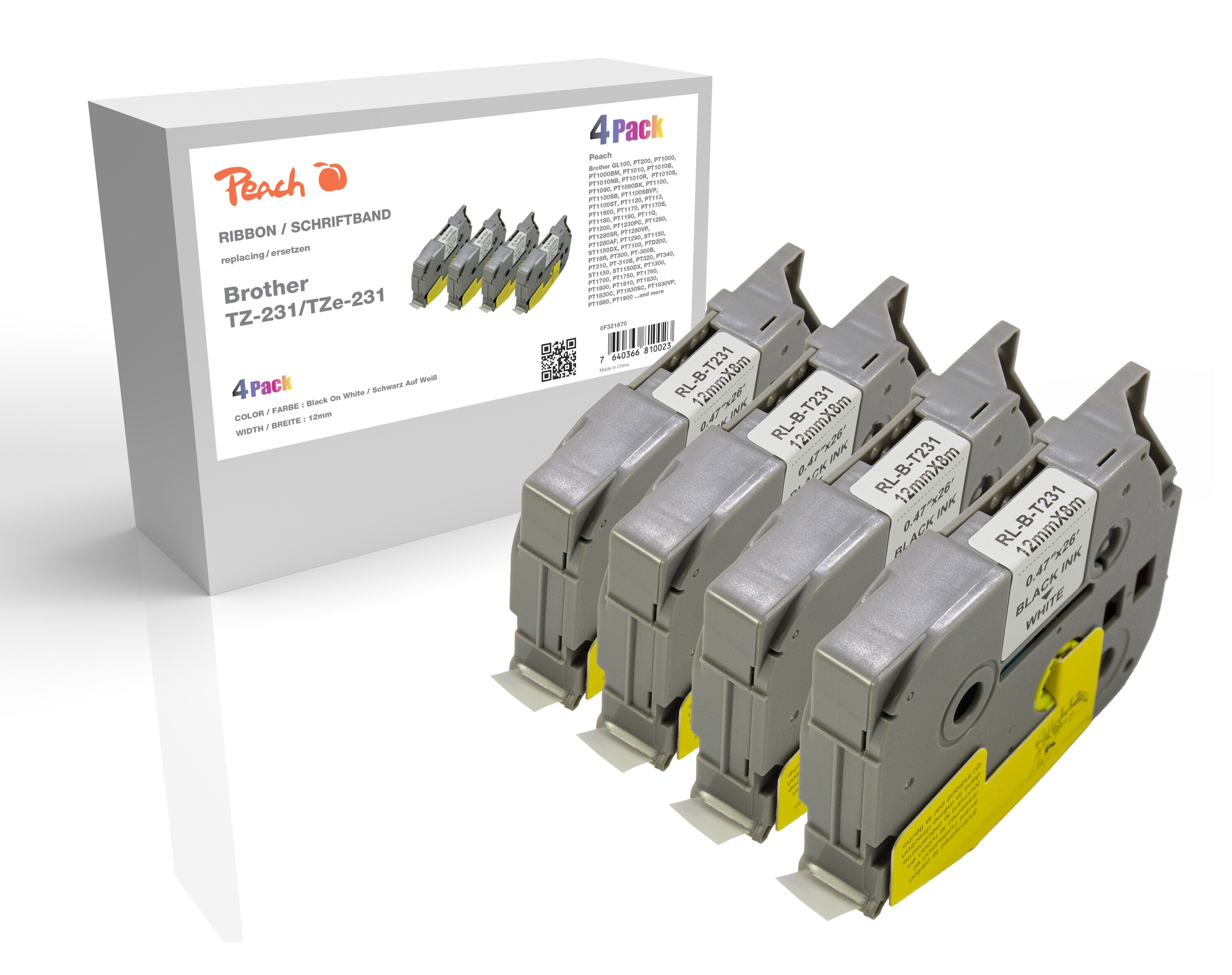 Peach Schriftbandkassette kompatibel zu Brother TZ-231/TZe-231, Pack(4) Brother BR-TZ231
