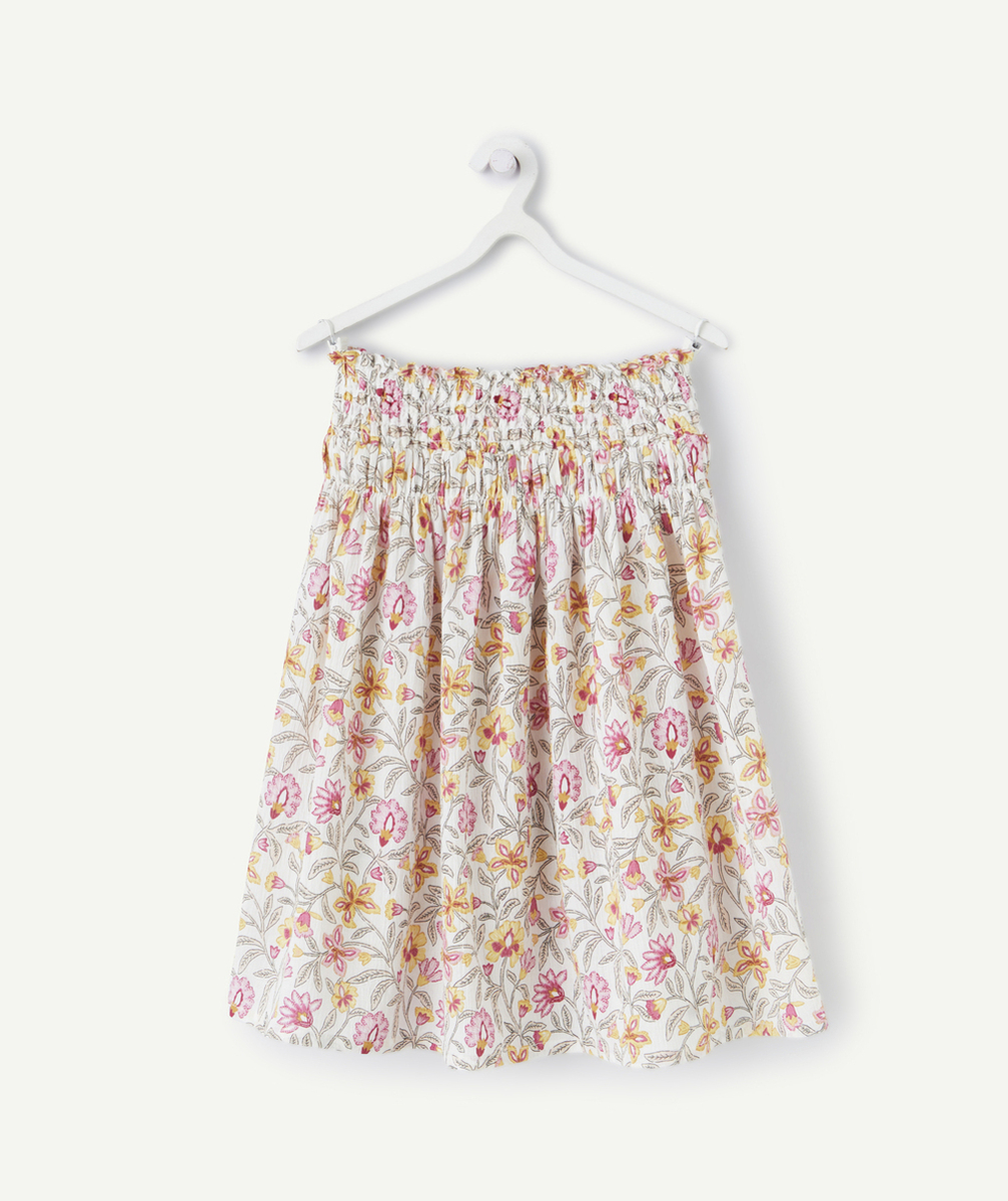 jupe longue fille en coton écru et imprimé floral jaune et rose