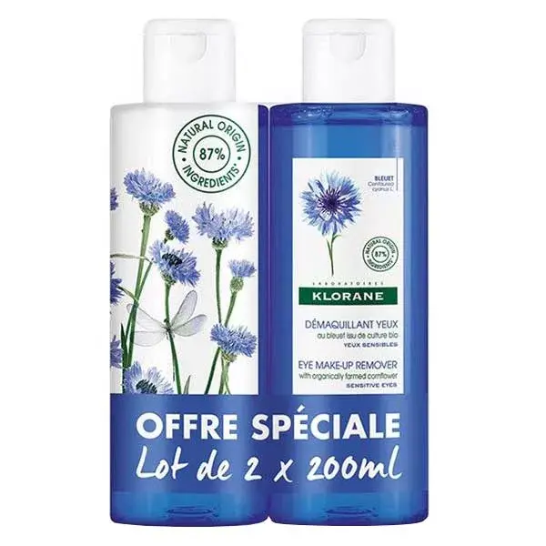 Loção de limpeza facial Klorane Cornflower Floral para olhos sensíveis, pacote com 2 unidades de 200ml