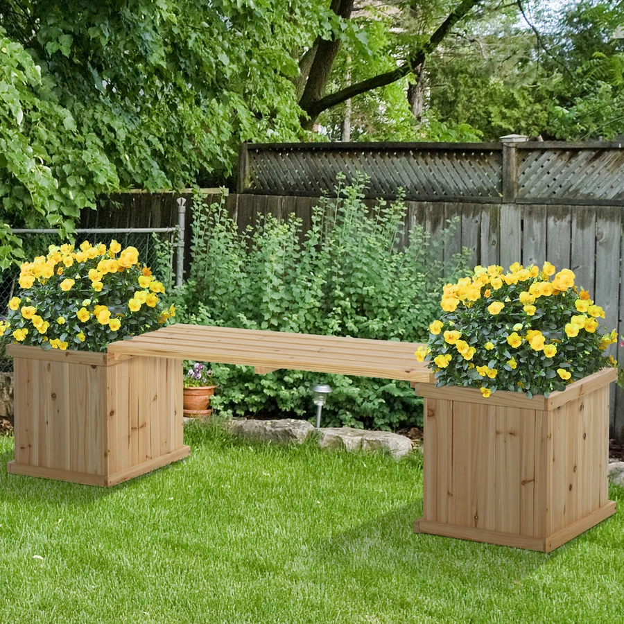 Outsunny Hochbeet mit kleiner Sitzbank naturholz