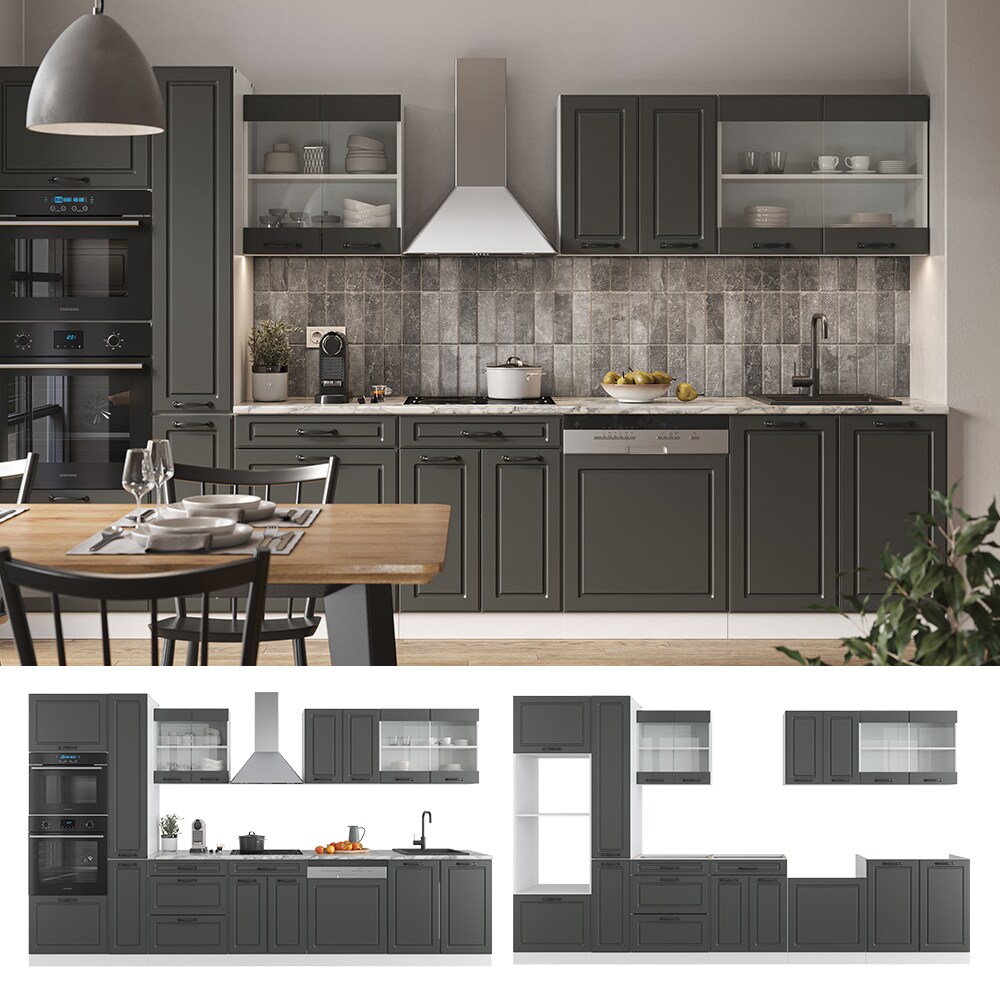 Vicco Küchenzeile Küchenblock Einbauküche R-Line 350 cm Landhaus Weiß Anthrazit Küche