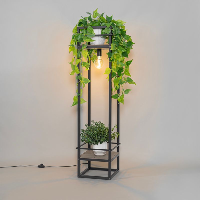 Industriële vloerlamp zwart met hout - Cage Rack