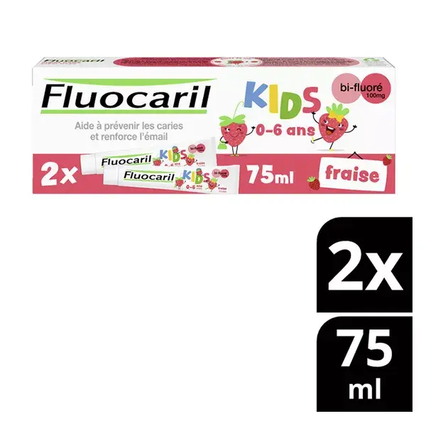 Fluocaril Kids 3-6 anos Creme dental em gel sabor morango, pacote com 2 unidades de 75ml