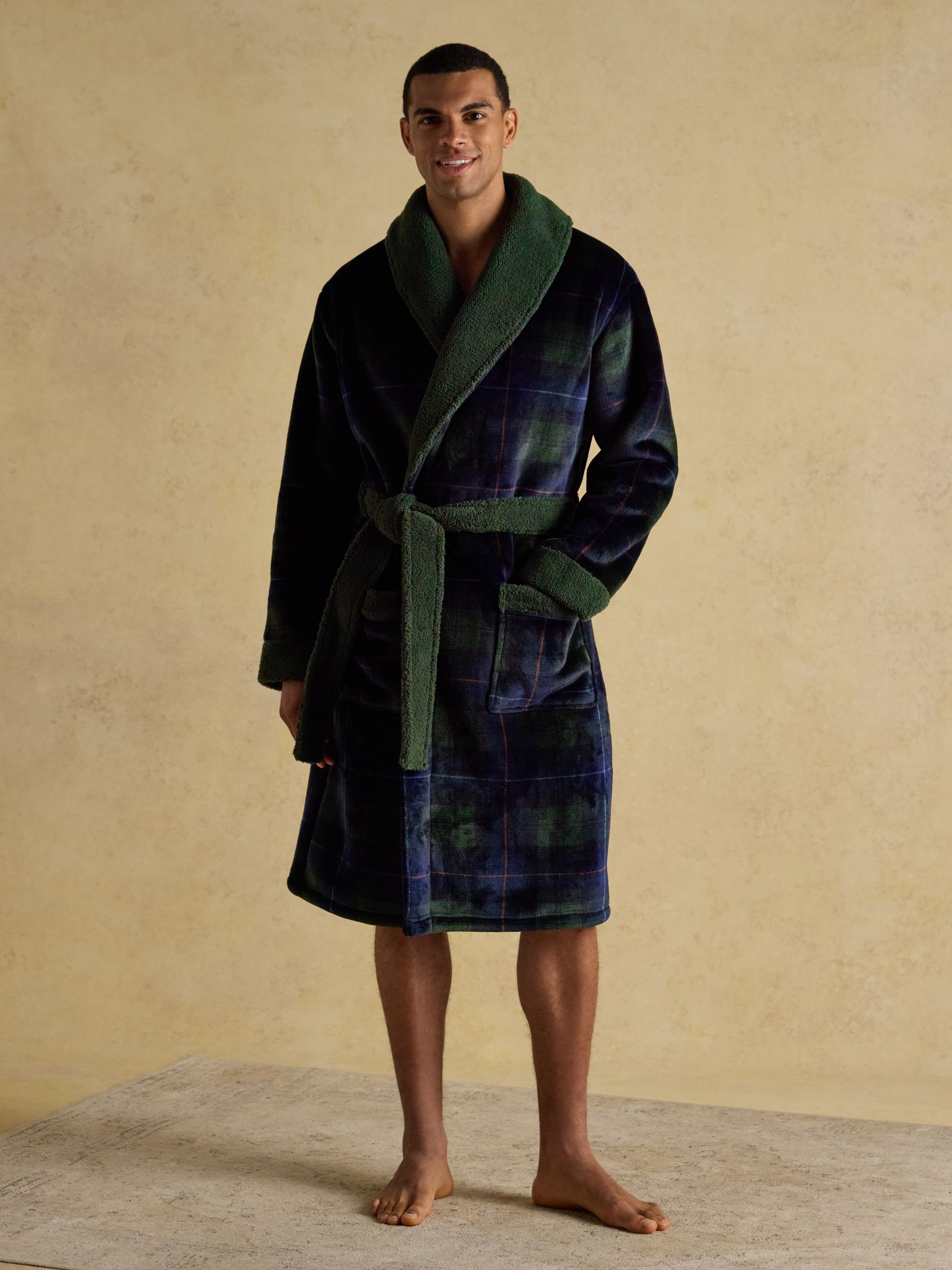 Groen/marineblauw - Joules Montague Fleece Dressing Gown