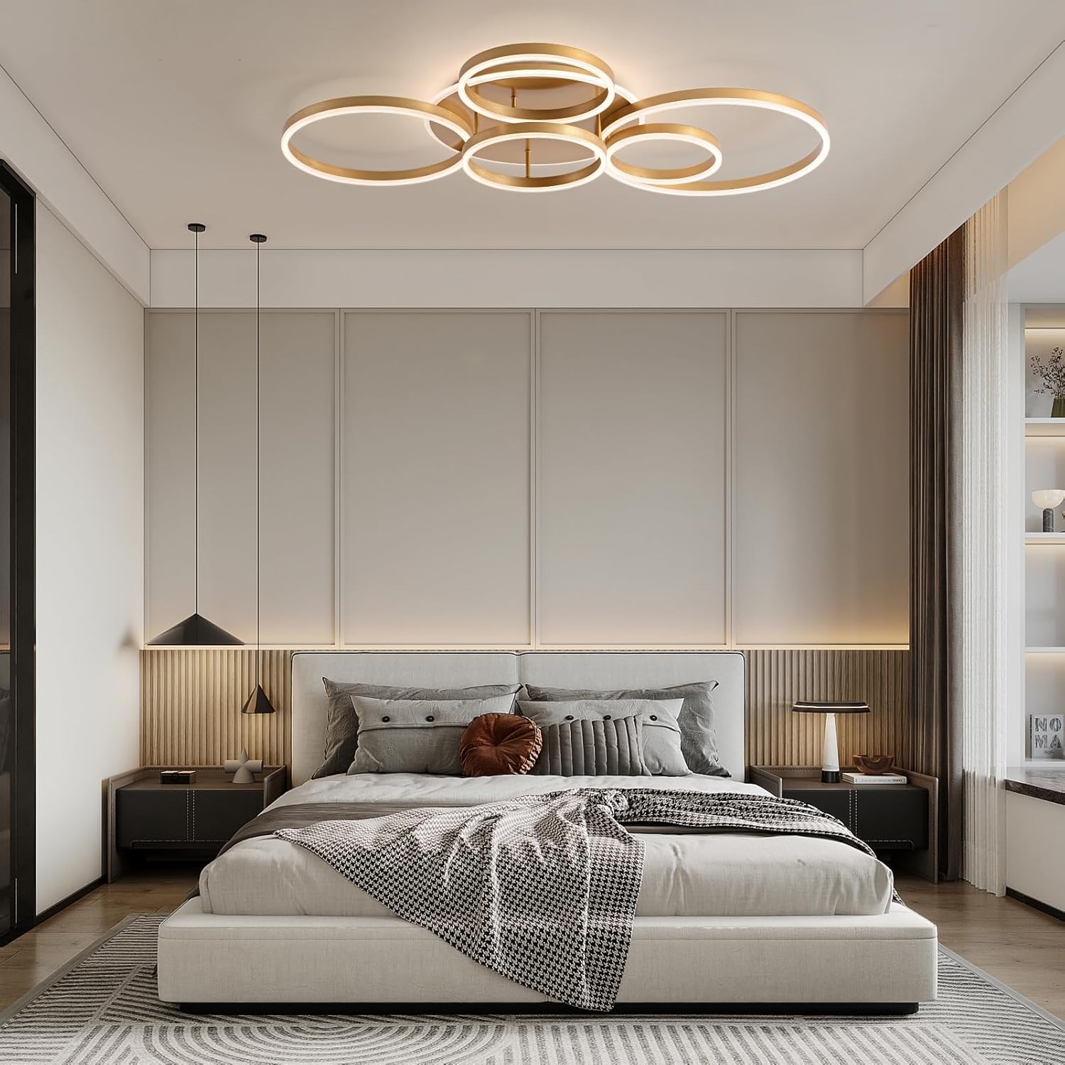 Dimmbare Led Deckenleuchte,116Cm Unterputz-Wohnzimmerlampe,108 W,6400 Lm,Deckenleuchte Mit Fernbedienung,6-Ring-Kronleuchter FüR Wohnzimmer, Schlafzimmer,Esszimmer, 3000–6000 K,Deckenlampe Gold,