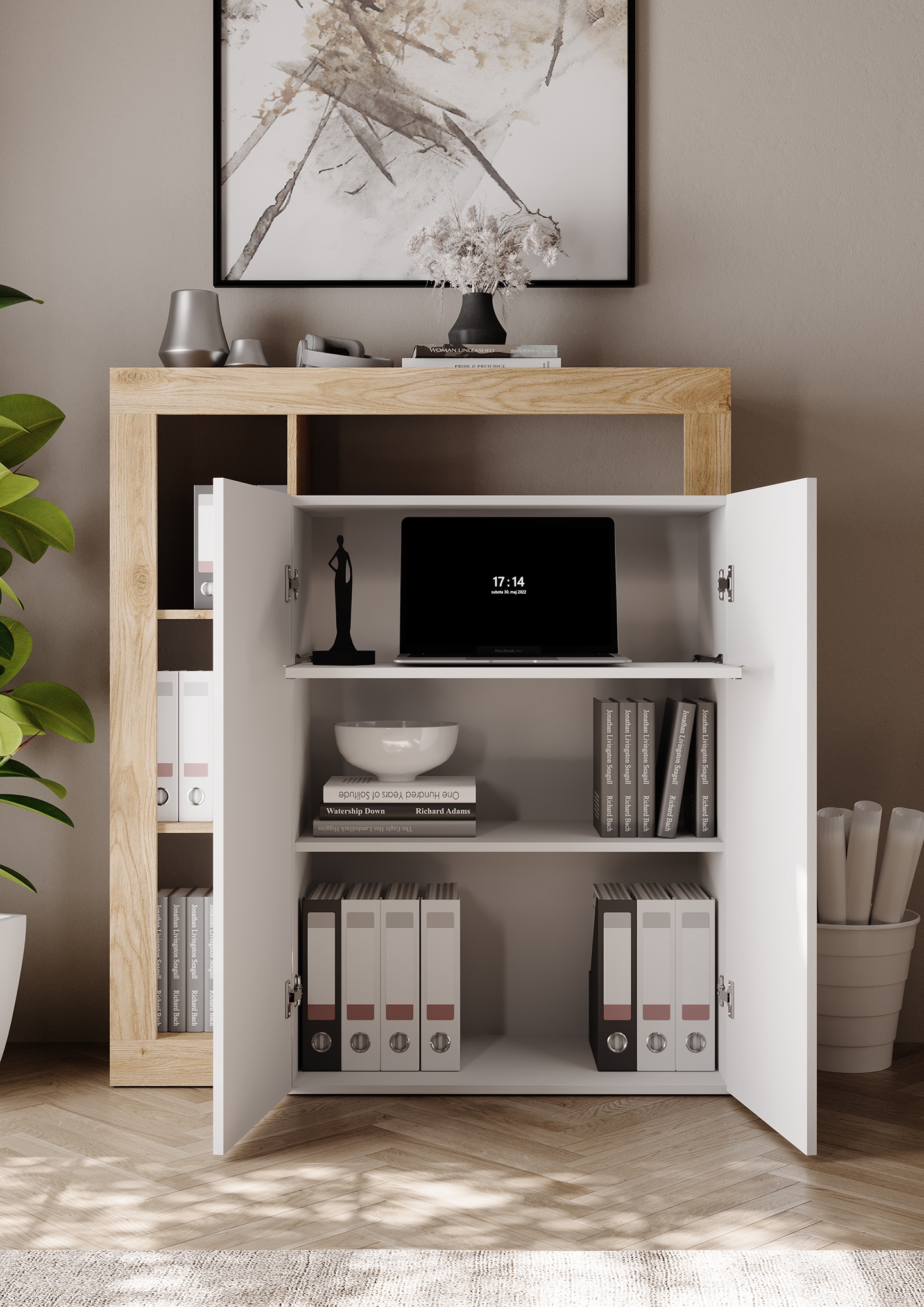 INOSIGN Sekretär »Hamburg Breite 108 cm, Höhe 126 cm, 2 Türen, PC-Schrank, Home-Office,« dekorativer Rahmen, Tastaturauszug, Stauraum, Multifunktional