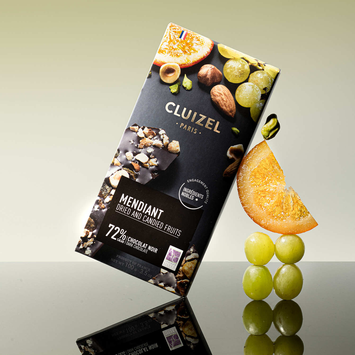Tablette chocolat noir 72% façon mendiant aux fruits secs