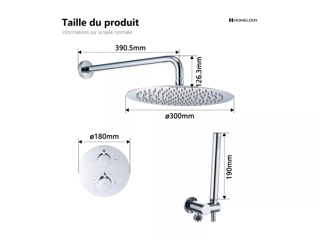 Encastré Colonne de Douche Thermostatique Système de Douche Rond Grande Douche de Tête Set de Douche Encastrée en Laiton Chromé Design Moderne