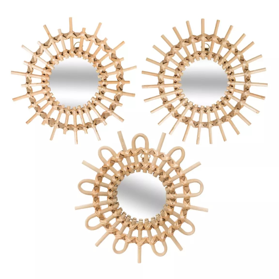Lot de 3 miroirs (D28 cm) Soleil Rotin Naturel