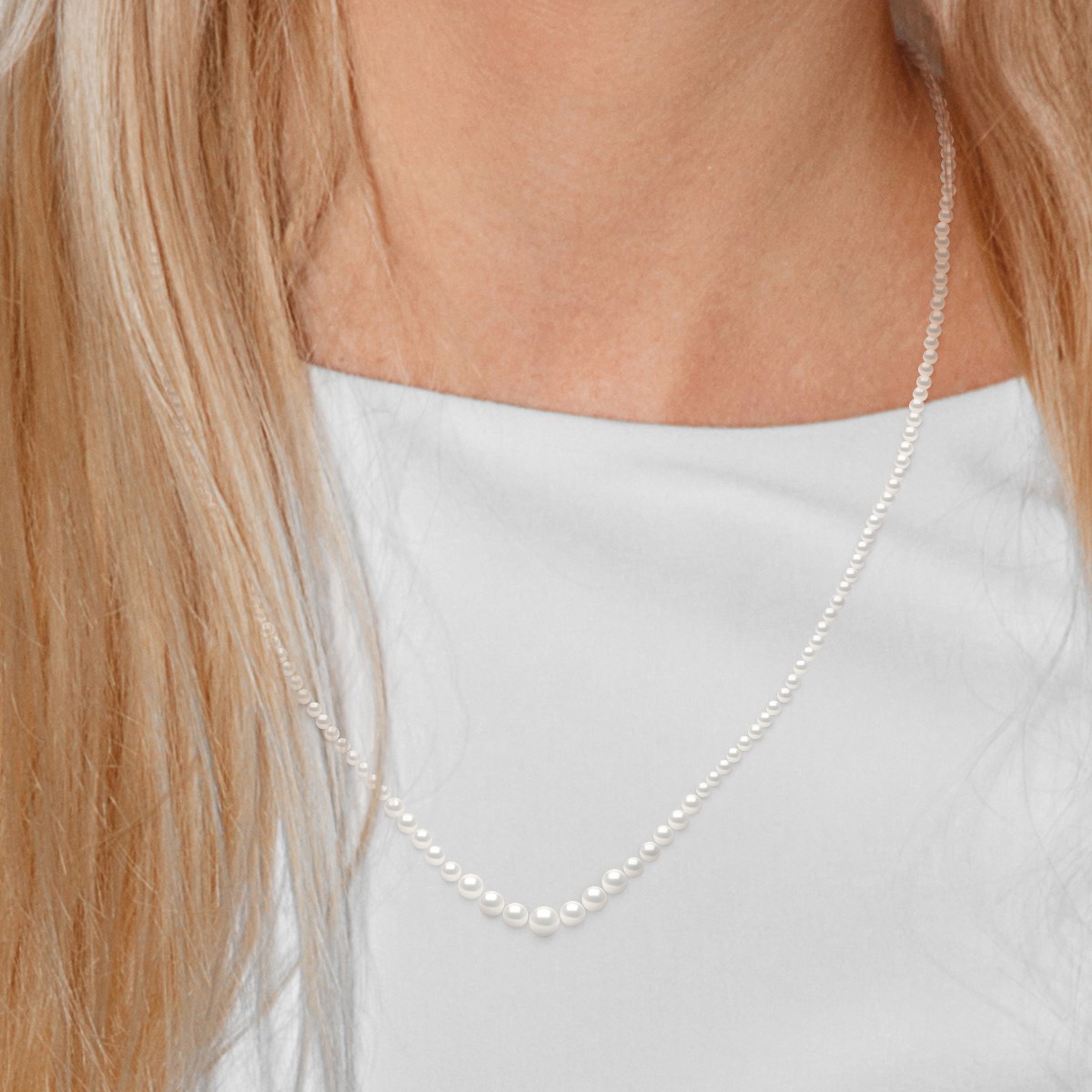Collier Chute - Véritables Perles de Culture d'Eau Douce Rondes de 3 à 6 mm - Blanc Naturel - Or Jaune
