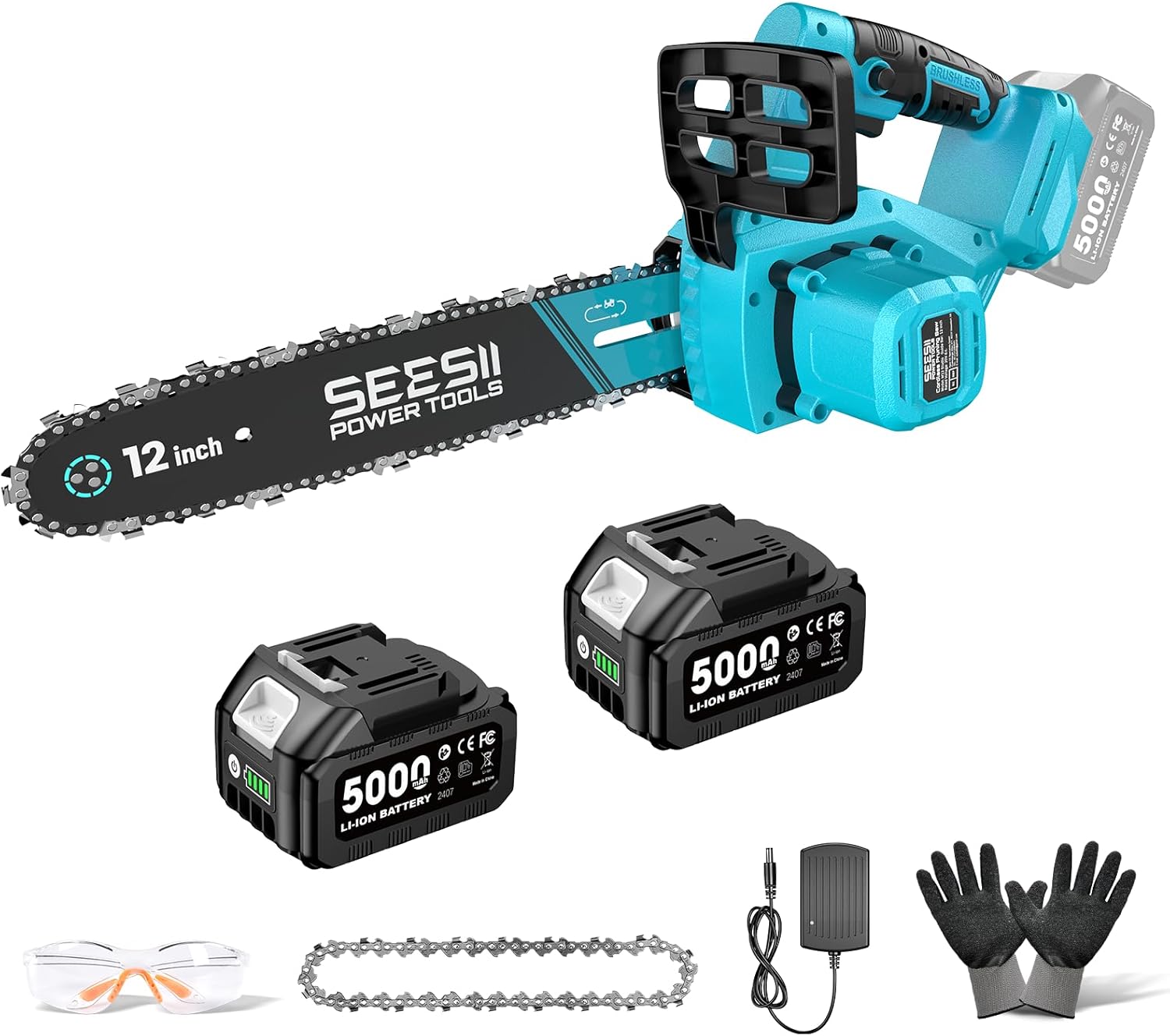 SEESII 12 Zoll Akku Kettensäge mit 2×5.0Ah Akku & Ladegerät, Brushless Elektrisch Kettensäge mit Automatischem Öler & Werkzeugloser Kettenspannung, Holzsäge Elektrisch für Gartenarbeit, Baumpflege