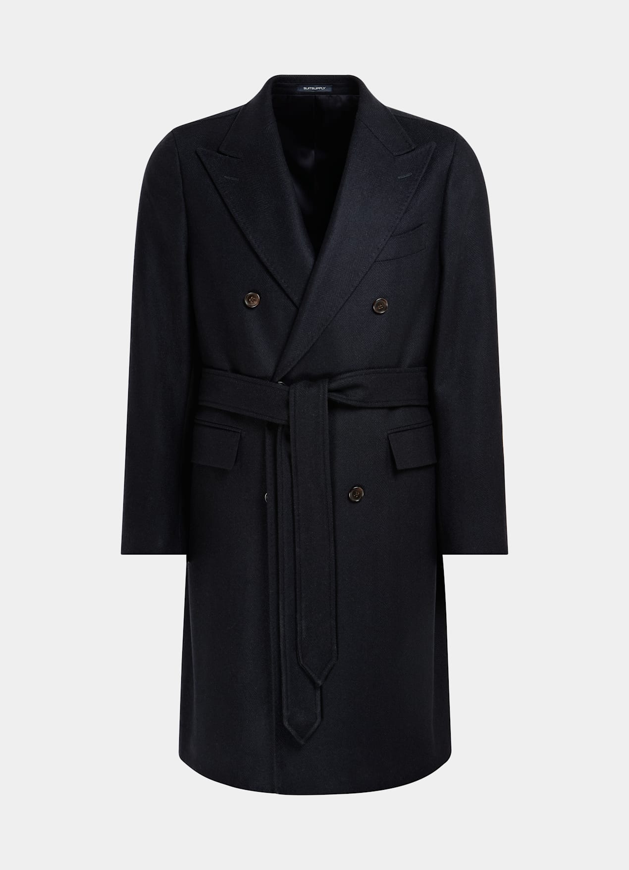 Manteau ceinturé bleu marine à chevrons