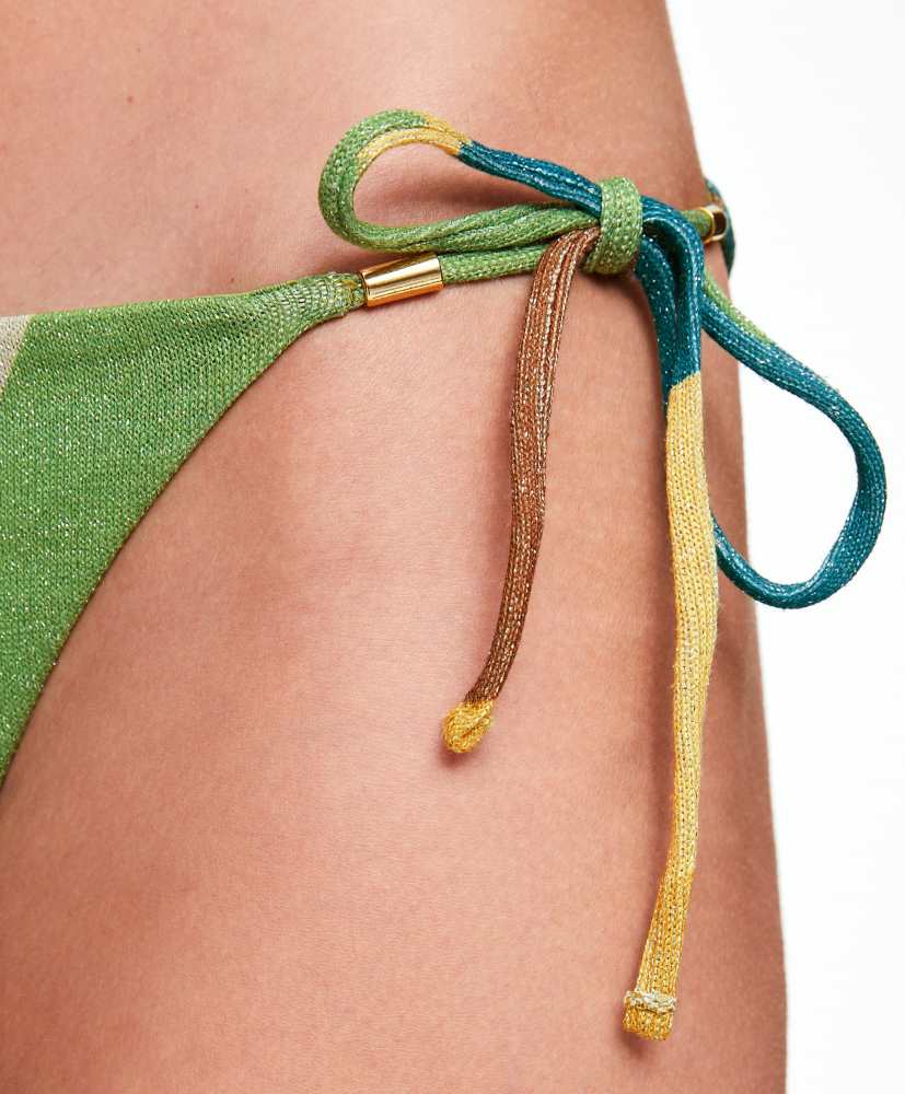 Calcinha de biquíni com amarrações em jacquard e glitter.