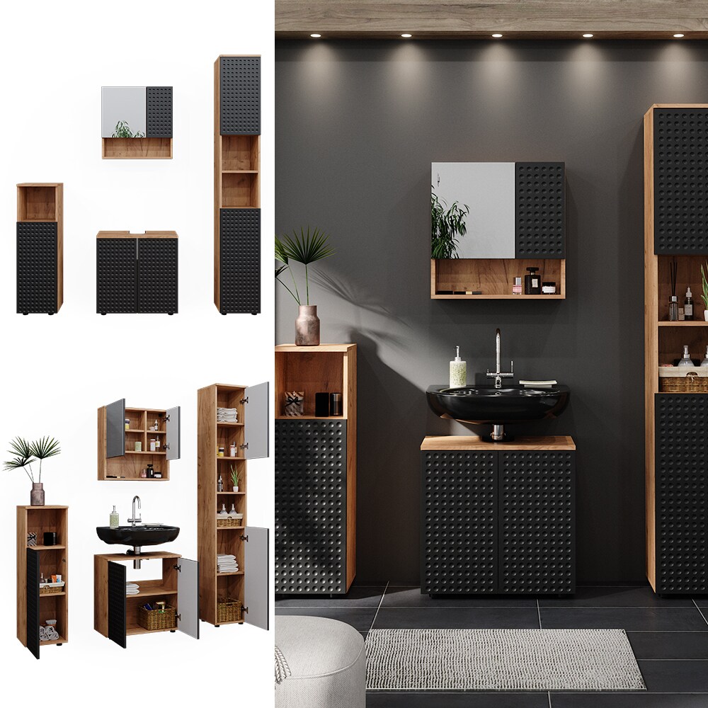 Vicco Badmöbel-Set Irma Eiche Anthrazit 4-teilig Hochschrank Midischrank 95 cm