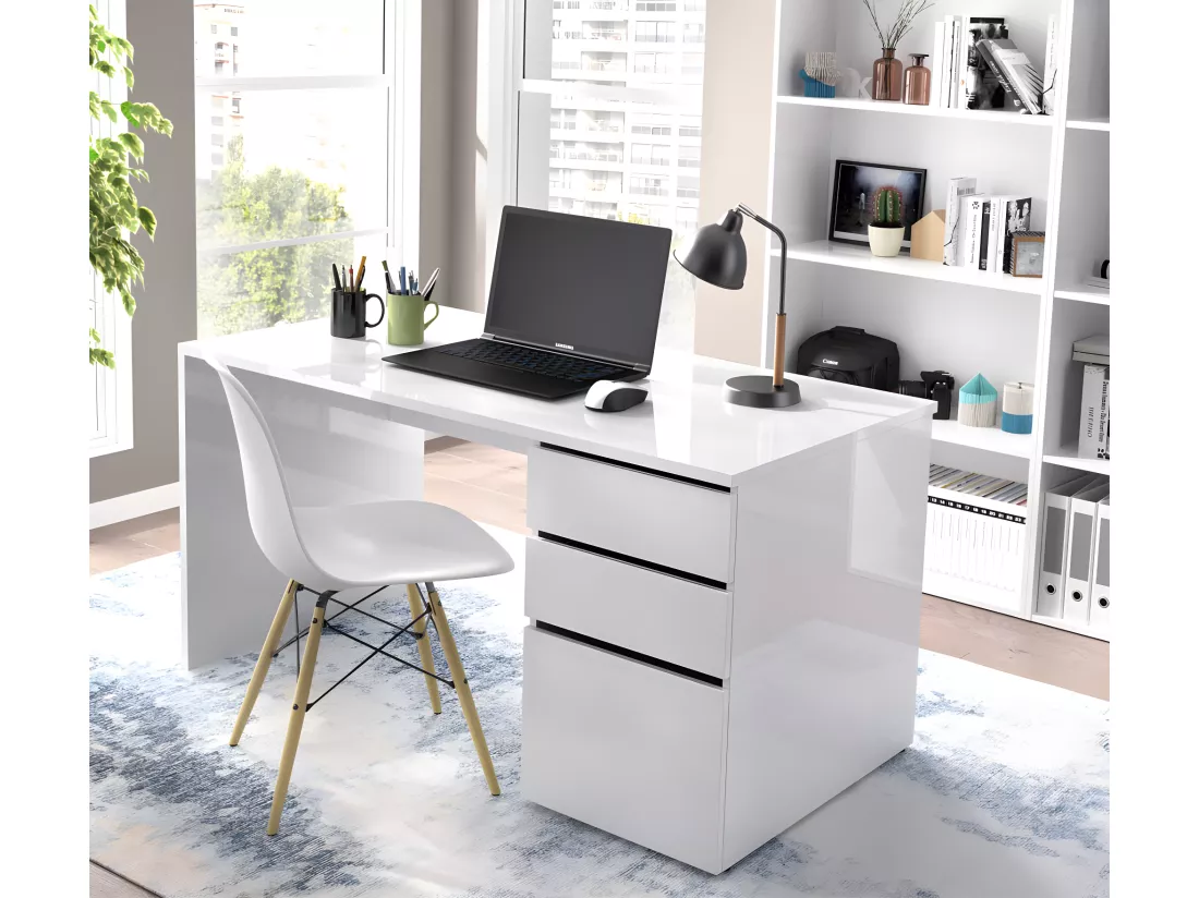 Bureau Réversible coloris blanc brillant - Longueur 139 x Profondeur 60 x Hauteur 75 cm