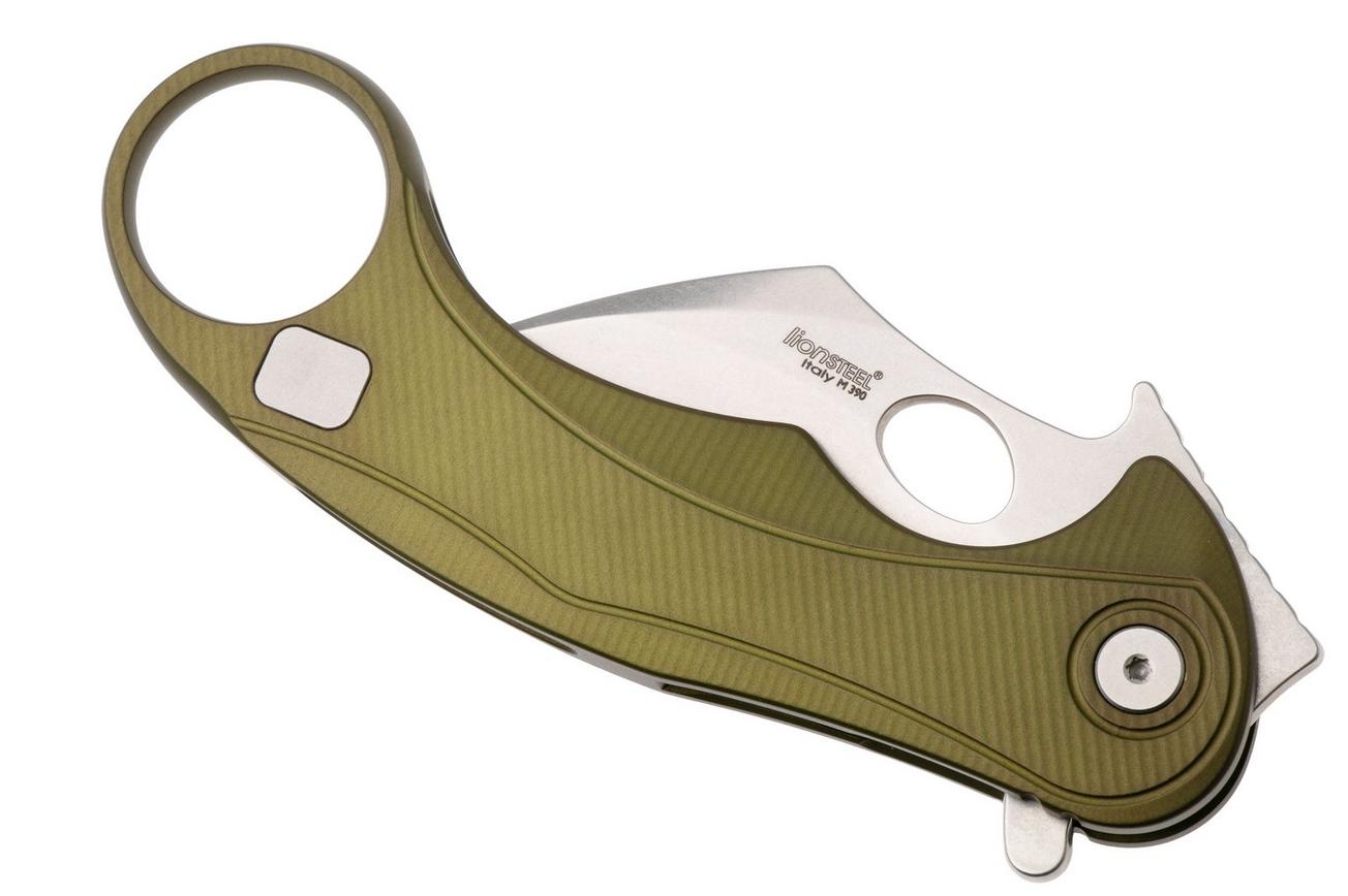 LionSteel L.E.One Mid LE2-GS, Stonewashed M390, Green Aluminum, karambit zakmes
