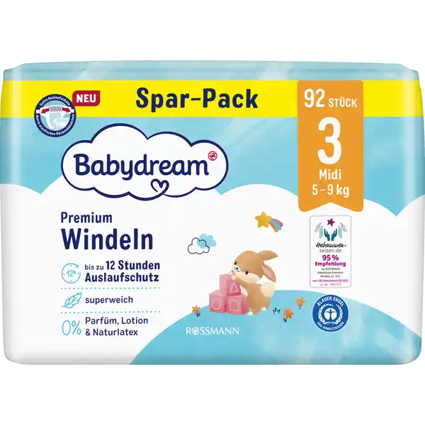 Premium Windeln Größe 3 Midi Jumbo, 92 Stück, 5-9 kg