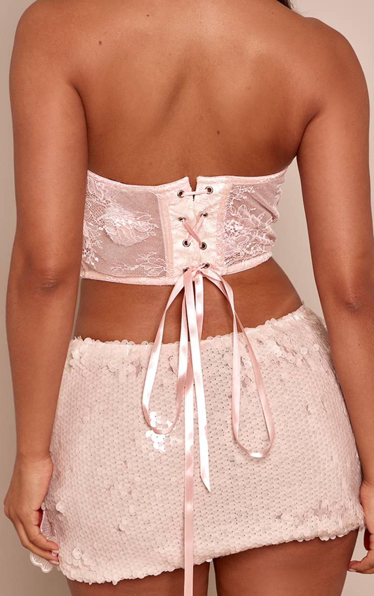 Rose Pâle Corset Bustier À Sequins Brodés Floraux Petite