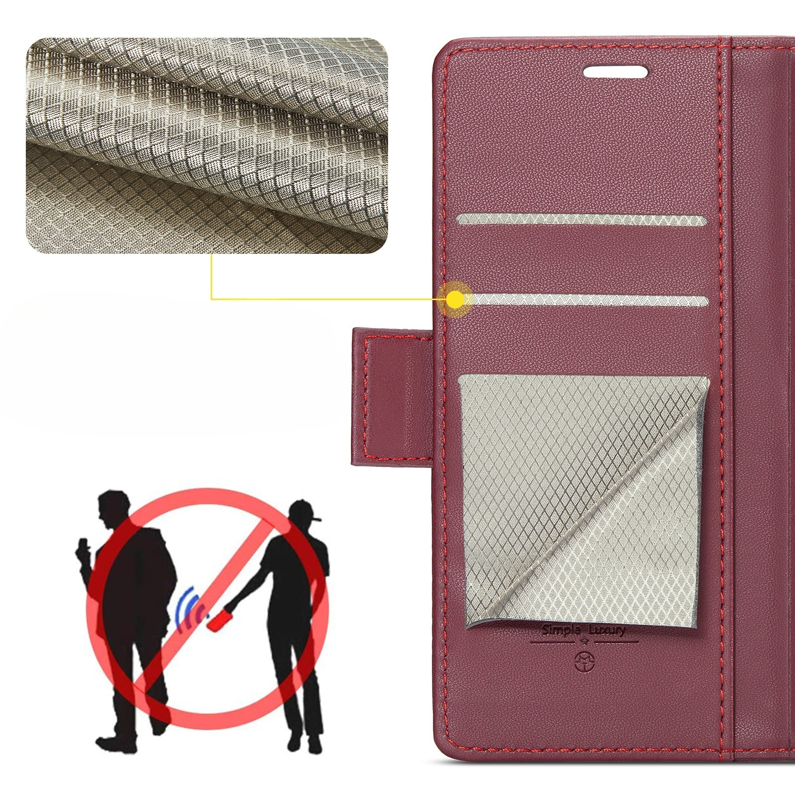 iPhone 17 Pro Max Leder Tasche Flip Wallet Etui mit Kartenfächern Litchi Look (RFID Schutz) - Rot
