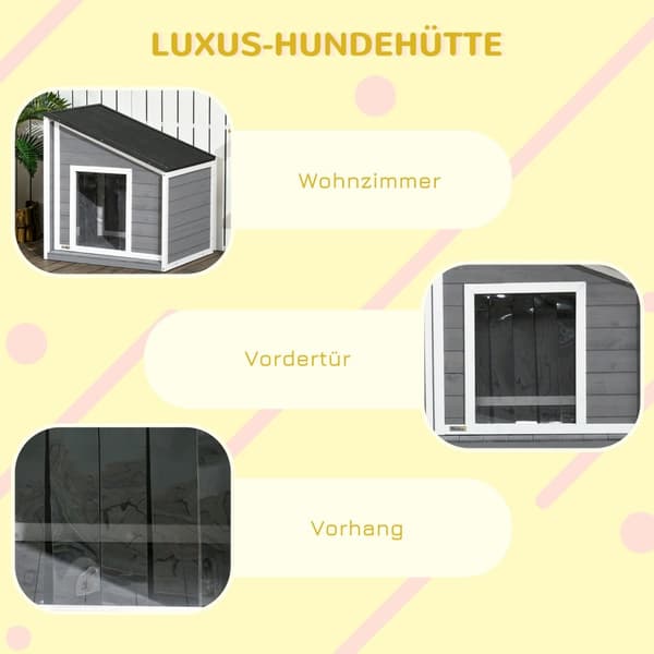 Hundehus Værbestandig Hundehus Laget Av Grantre Med Asfalttak & Dørgardin, Grå, 71X58X53/77Cm