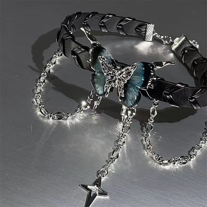 Lilafey - Vlinderster gelaagde legering imitatieleren choker