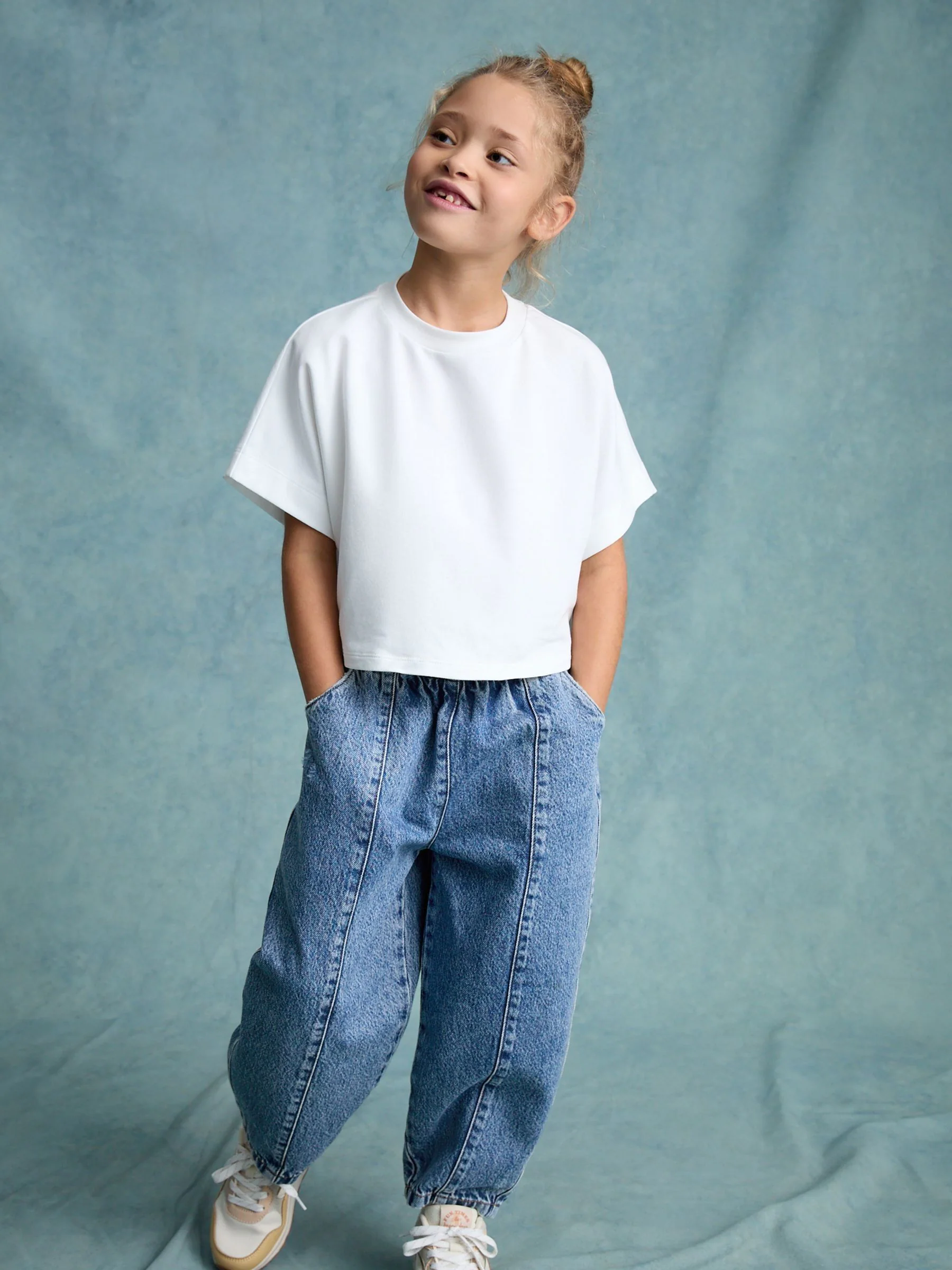 Middenblauw denim - Barrel jeans met elastische taille (3-16jr)