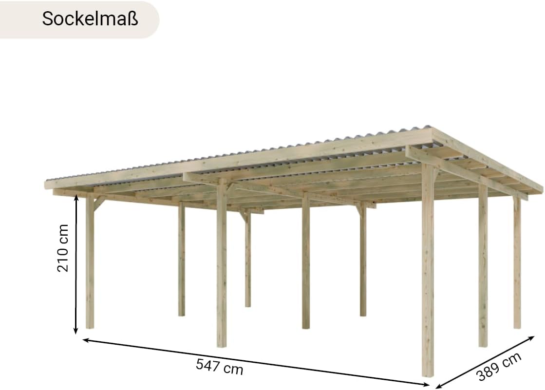Holz Doppel-Carport | 595 x 495 cm | 210 cm hoch | Fichte Kiefer Carport | mit UV-Schutz | 9er Pfosten | inkl. Dacheindeckung