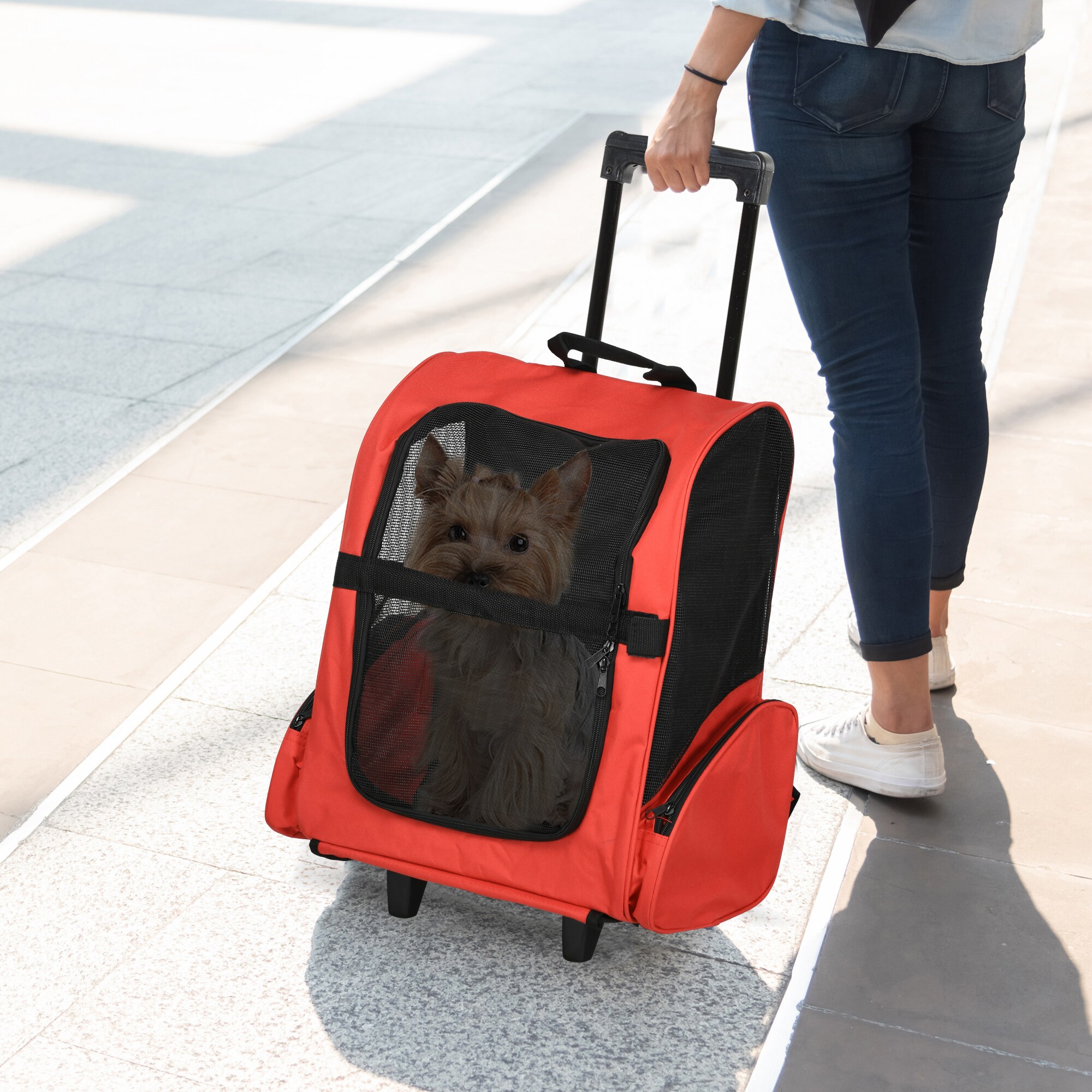 PawHut 2 in 1 Hundetasche als Trolley oder Rucksack verwendbar rot-schwarz 35 x 27 x 49 cm (LxBxH)