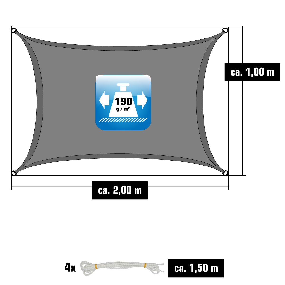 AMANKA 1x2m grijs Polyester waterdicht schaduwdoek