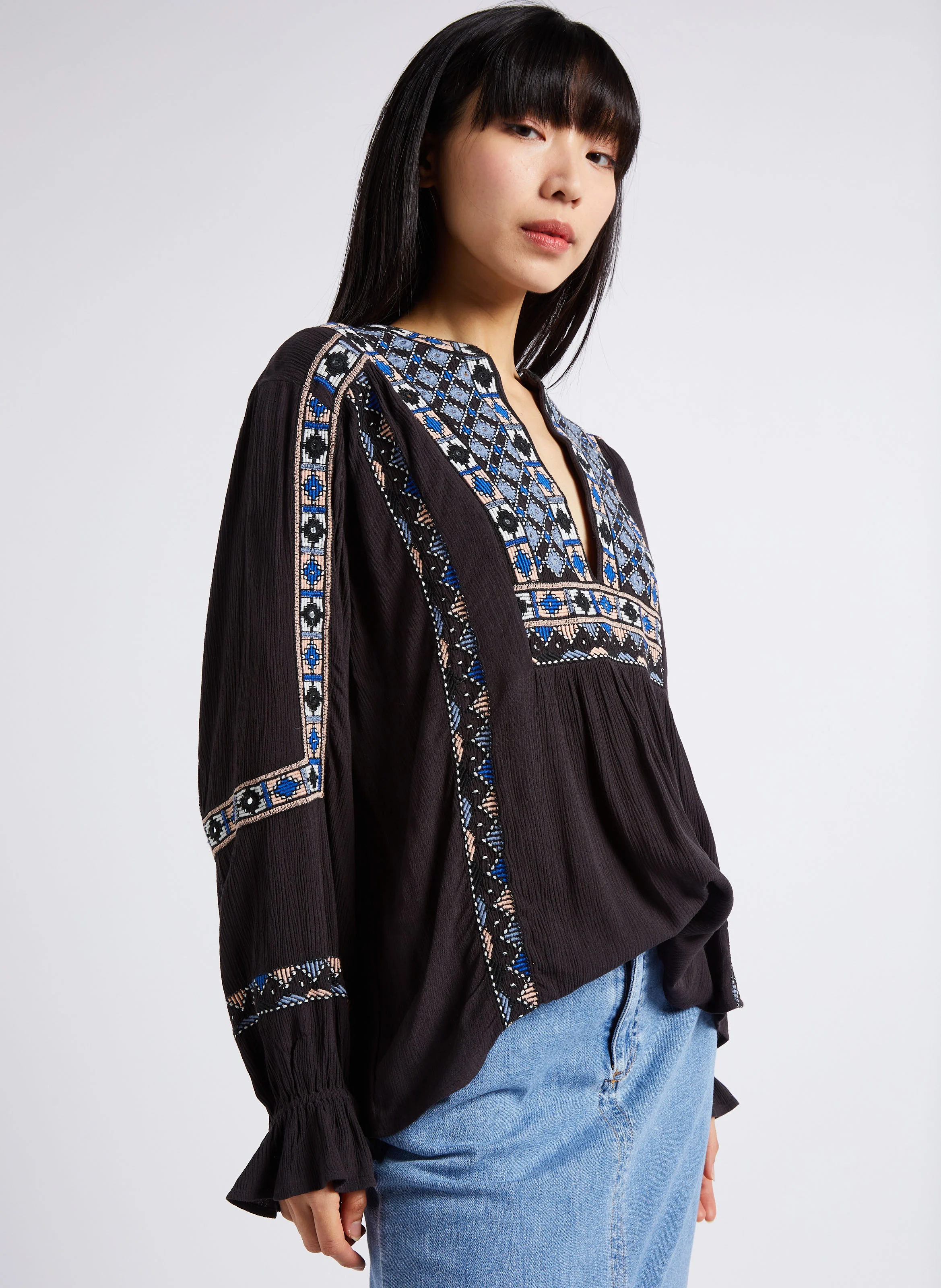 MARIELLA - Blouse ample brodée | Gris